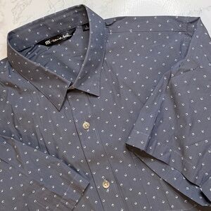 Travis Mathew Short Sleeve Button-Down Shirt Logo All Over Print Stretch Golf L